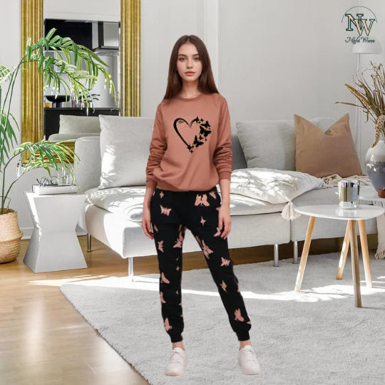 Women Winter Fleece Heart and Butterfly Printed Night Suit