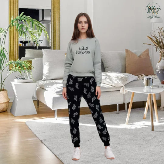 Women Winter Fleece Hello Sunshine Printed Night Suit