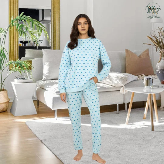 Women Winter Fleece Blue Heart Printed Night Suit