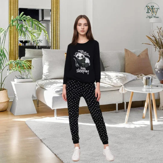 Women Winter Fleece Black Never Give Up Printed Night Suit