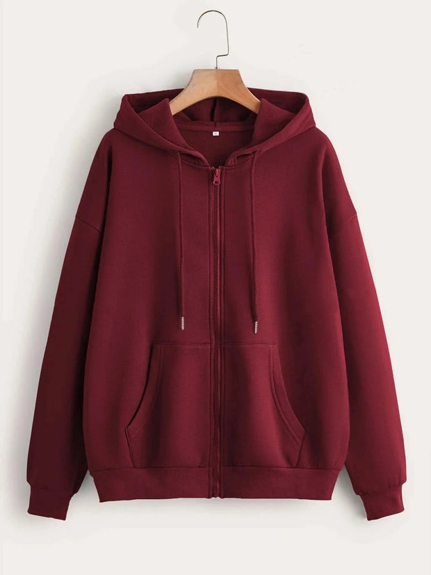 Winter Fleece Fabric Zipper Hoodie For Women - Maroon