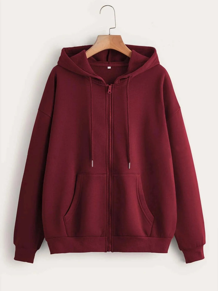 Winter Fleece Fabric Zipper Hoodie For Women - Maroon
