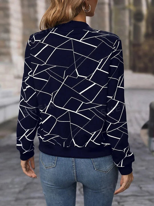 Winter Fleece Geo Printed Jacket For Women - Navy Blue