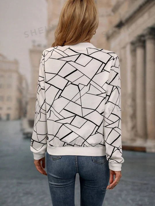 Winter Fleece Geo Printed Jacket For Women - White