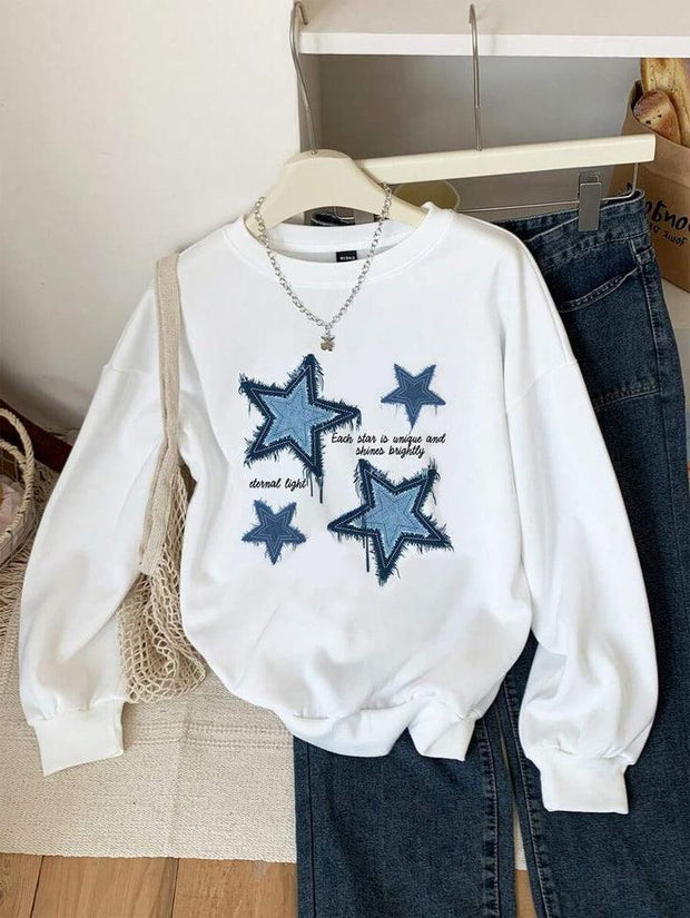 Winter Fleece Fabric Stars Printed White Sweatshirt For Women