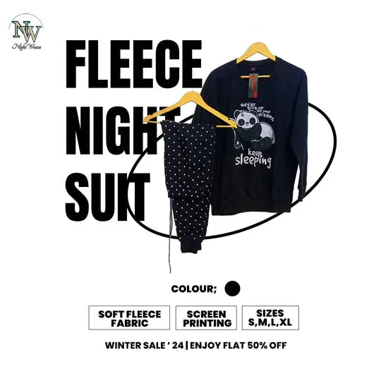 Women Winter Fleece Black Never Give Up Printed Night Suit