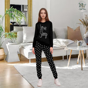 Women Winter Fleece Black Love Sleep Printed Night Suit