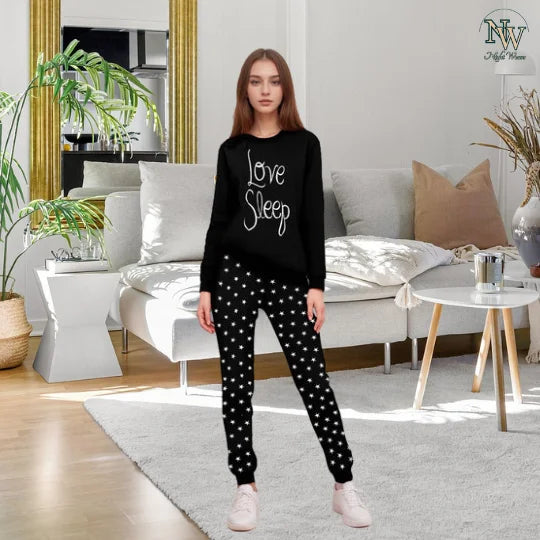 Women Winter Fleece Black Love Sleep Printed Night Suit