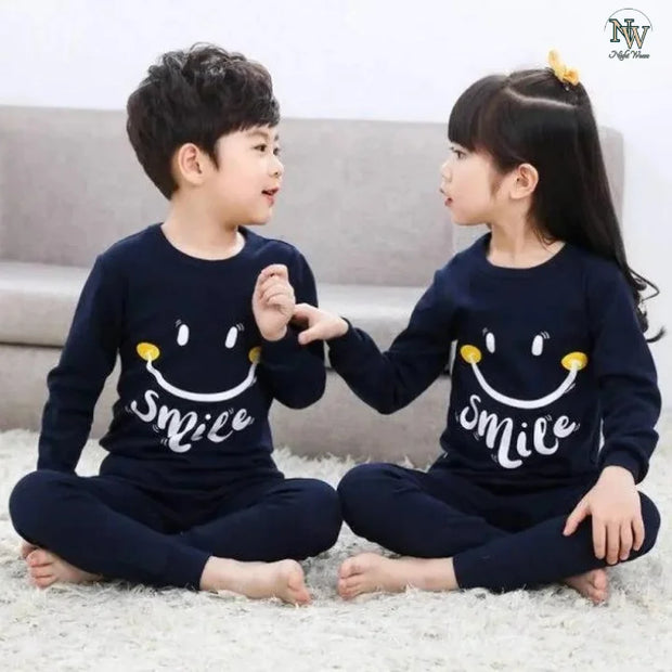 Fleece Fabric Navy Blue Smiley Printed Kids Winter Suit ( Each )