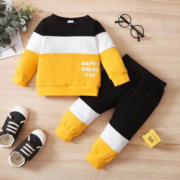 Black & Yellow Panel Happy Everyday Printed Kids Winter Suit