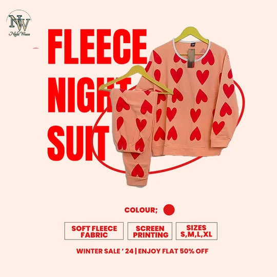 Women Winter Fleece Pink Dilber Printed Night Suit