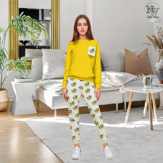 Women Winter Fleece Yellow Pocket Printed Night Suit