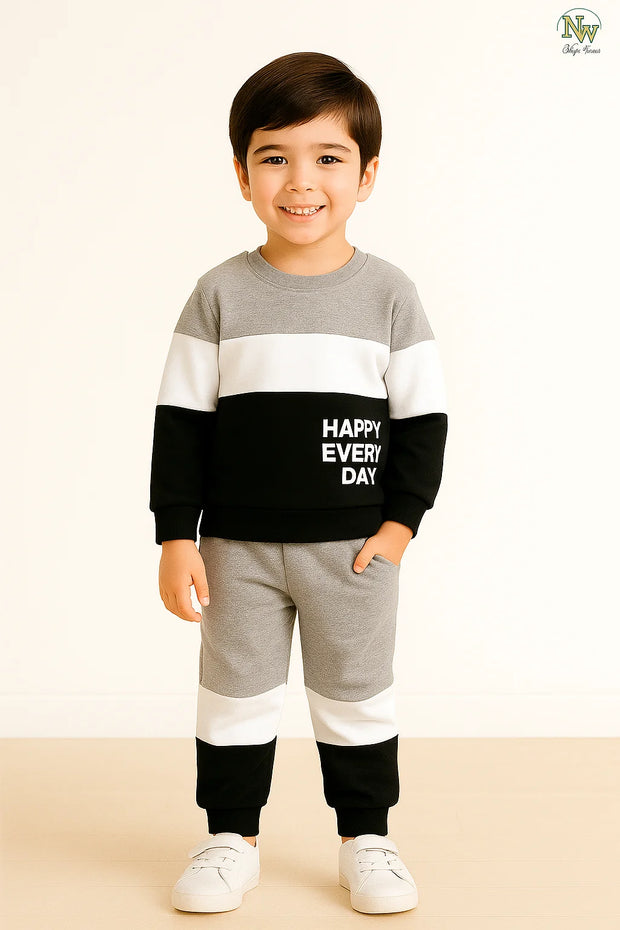 Fleece Fabric Grey & Black Panel Happy Everyday Printed Kids Winter Suit ( Each )