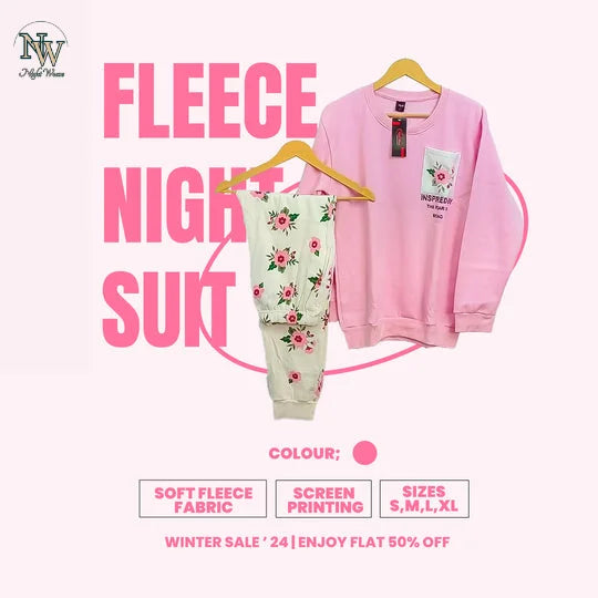 Women Winter Fleece Pink Pocket Printed Night Suit