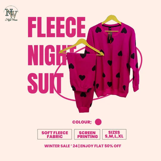 Women Winter Fleece Multi Heart Printed Night Suit