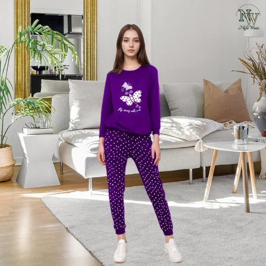 Women Winter Fleece Purple Butterfly Printed Night Suit