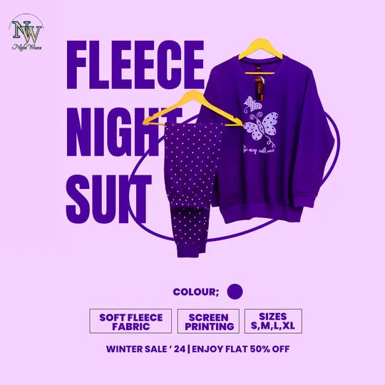Women Winter Fleece Purple Butterfly Printed Night Suit