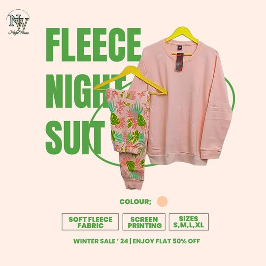 Women Winter Fleece Peach Pajama Printed Night Suit