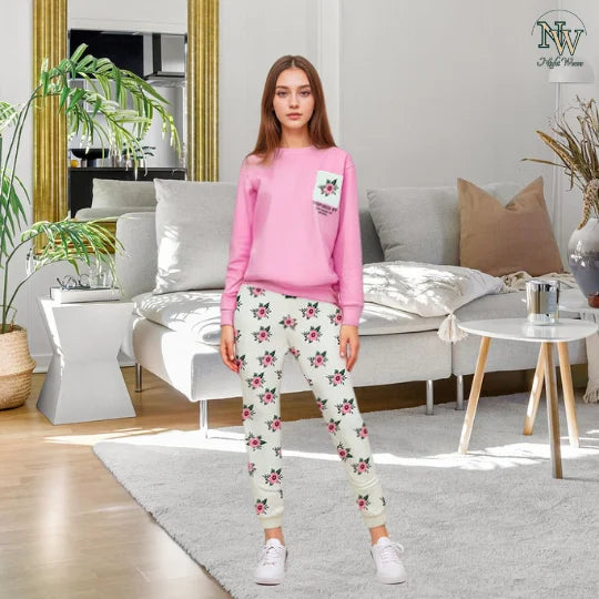 Women Winter Fleece Pink Pocket Printed Night Suit