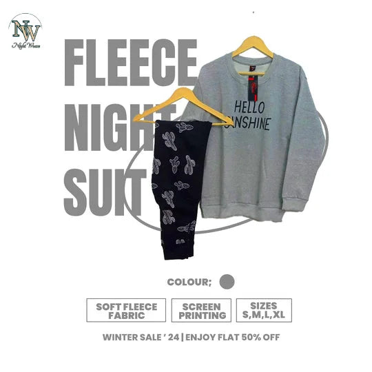 Women Winter Fleece Hello Sunshine Printed Night Suit