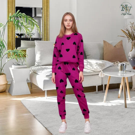 Women Winter Fleece Multi Heart Printed Night Suit