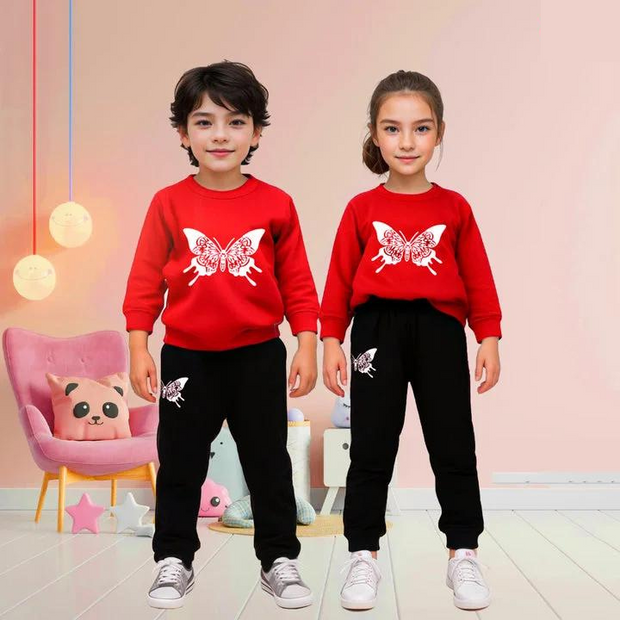 Fabric Red Butterfly Printed Kids Winter Suit ( Each )