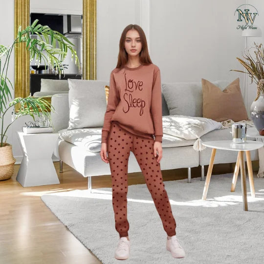 Women Winter Fleece Love Sleep Printed Night Suit