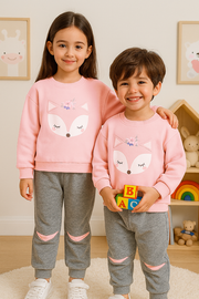 Fleece Fabric Pink Fox Printed Kids Winter Suit ( Each )