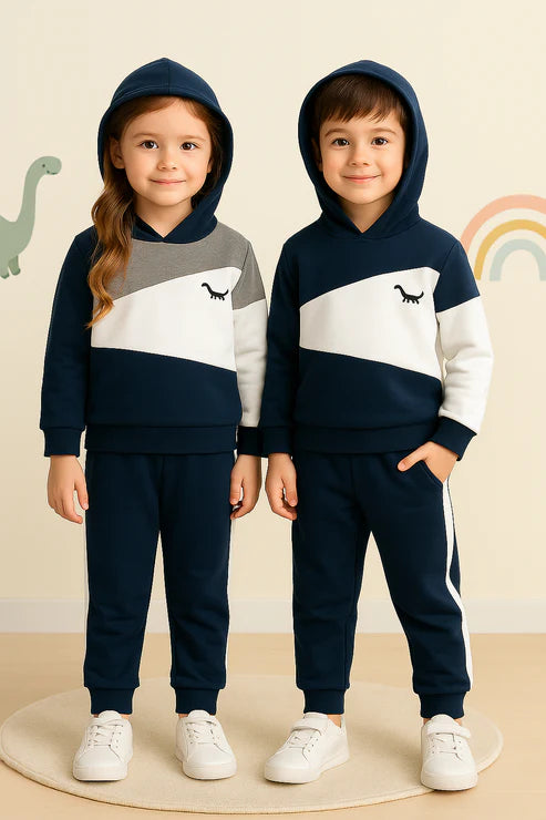 Fleece Fabric Navy Blue Panel Dinosaur Printed Kids Winter Suit ( Each )