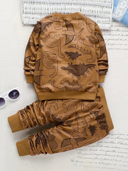 Brown Dinosaur Printed Kids Winter Suit