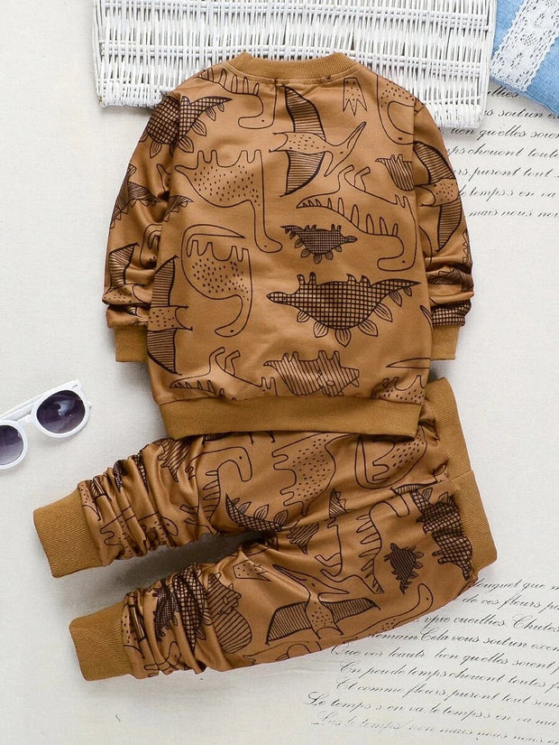 Brown Dinosaur Printed Kids Winter Suit