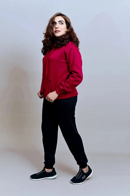 Winter Fleece Fabric Basic Hoodie For Women - Maroon