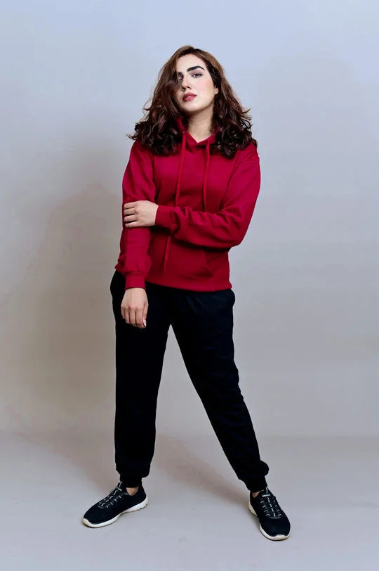Winter Fleece Fabric Basic Hoodie For Women - Maroon