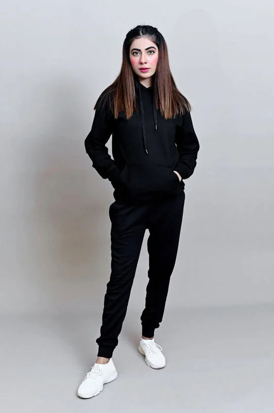 Winter Fleece Fabric Basic Hoodie For Women - Black