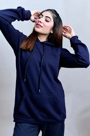 Winter Fleece Fabric Basic Hoodie For Women - Navy Blue