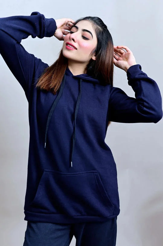 Winter Fleece Fabric Basic Hoodie For Women - Navy Blue