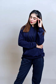 Winter Fleece Fabric Basic Hoodie For Women - Navy Blue