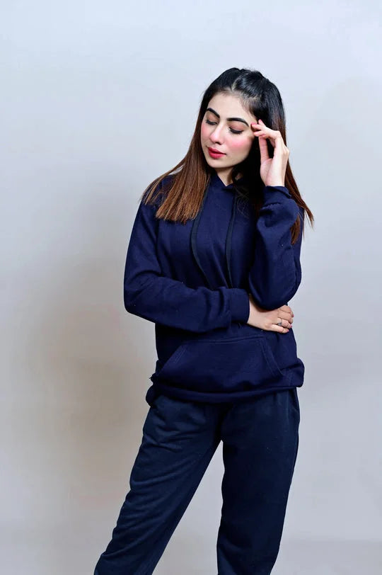 Winter Fleece Fabric Basic Hoodie For Women - Navy Blue