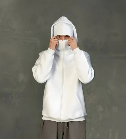 White Balaclava Ninja Zipper Hoodie Jacket For Men