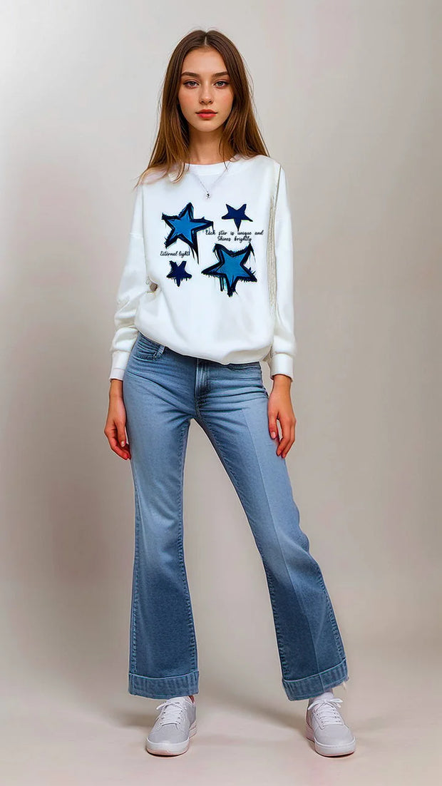 Winter Fleece Fabric Stars Printed White Sweatshirt For Women