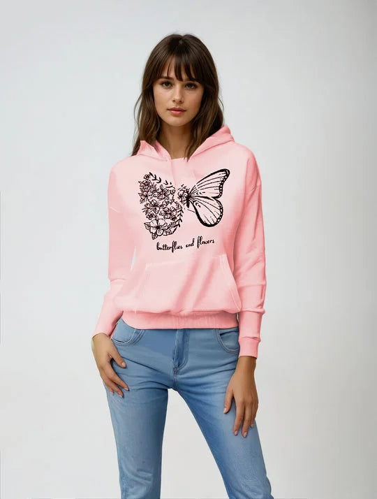 Winter Fleece Fabric Butterfly Printed Hoodie For Women - Pink