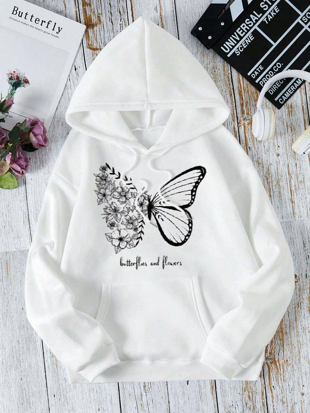 Winter Fleece Fabric Butterfly Printed Hoodie For Women - White