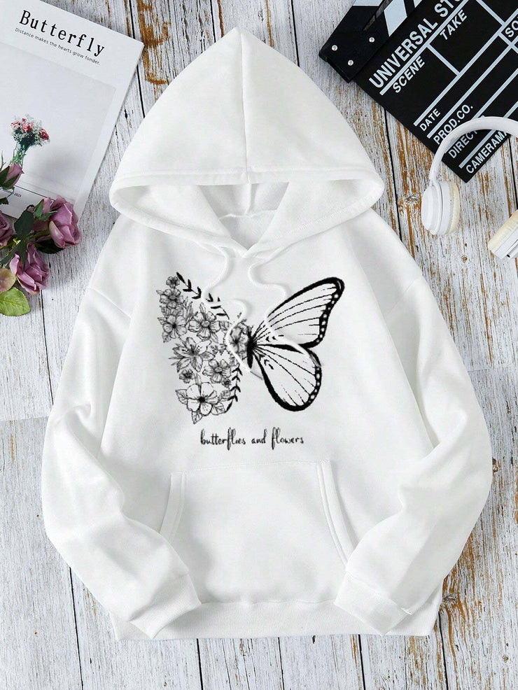 Winter Fleece Fabric Butterfly Printed Hoodie For Women - White