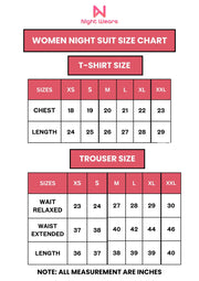 Size chart for women’s cotton jersey night suit – top and bottom measurements