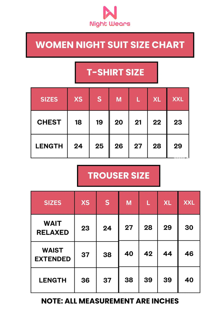 Size chart for women’s cotton jersey night suit – top and bottom measurements