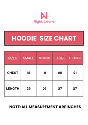 Size chart for women’s hoodie with measurements in inches and centimeters for Small, Medium, Large, and XL